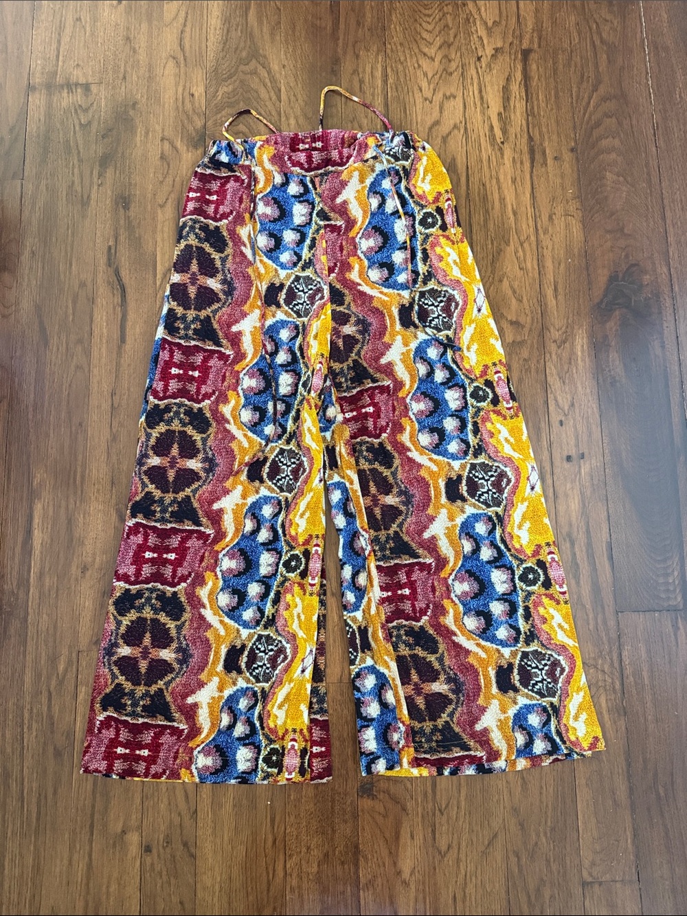 Desigual Wide-Leg Mosaic Print Pants in Mustard, Burgundy & Blue